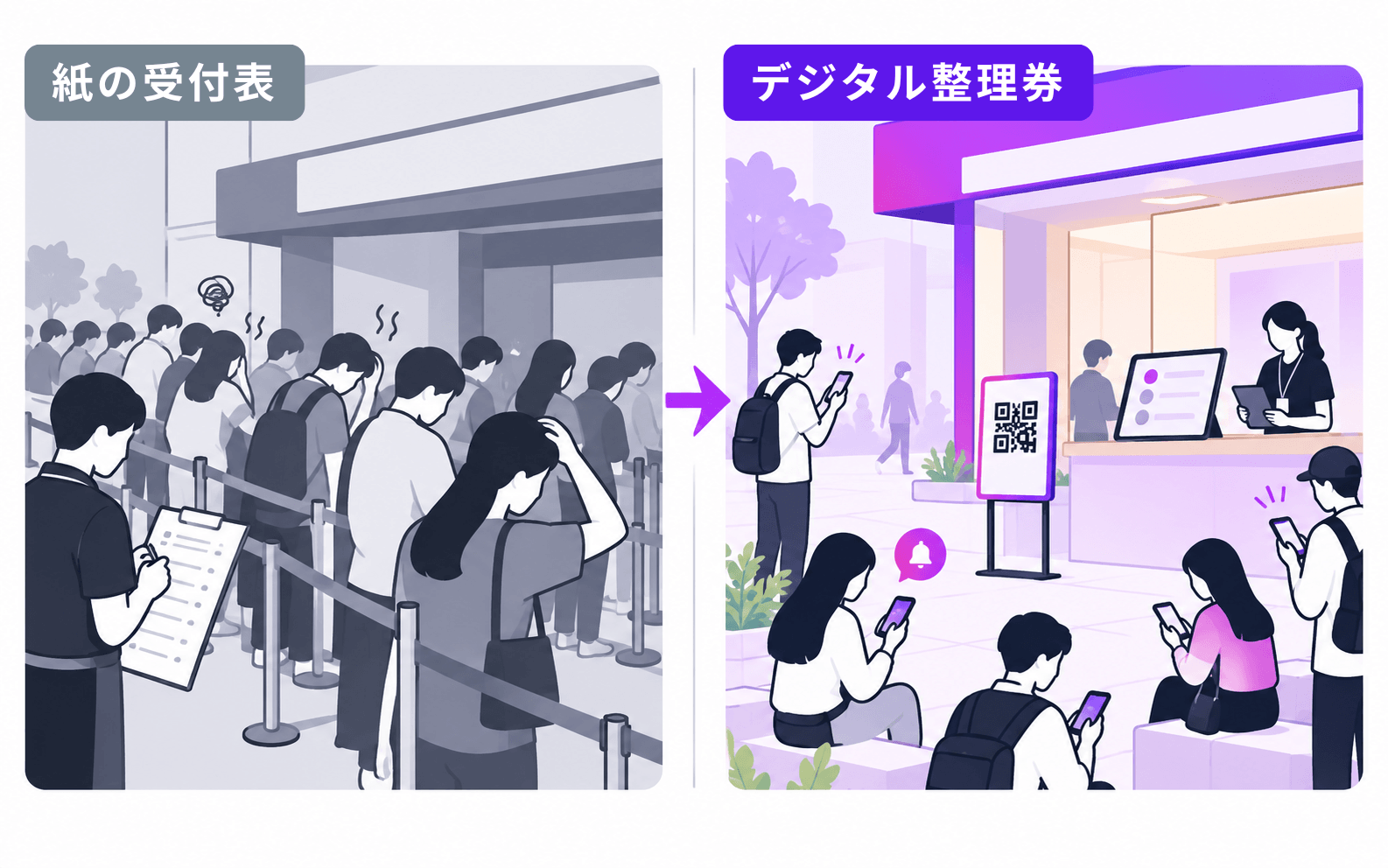 紙の受付表とデジタル整理券の比較